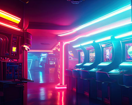 Video Arcade interior with neon light with Generative AI.の素材