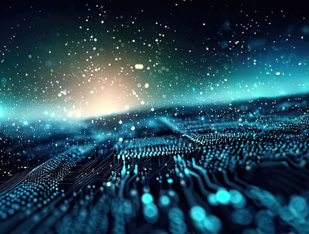 abstract futuristic digital landscape particles on circuit board with Generative AI.の素材