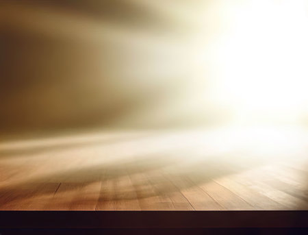 Empty wooden table with sunlight and intricate shadow from tree branches with Generative AI.の素材