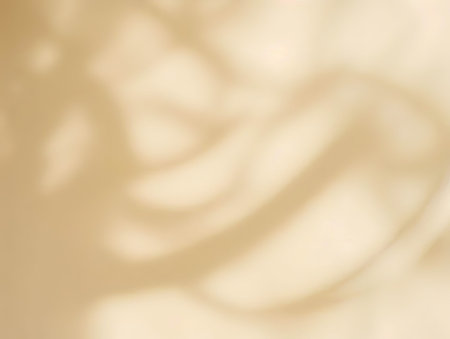Minimalistic abstract gentle light yellow background for product presentation with light and intricate shadow from tree branches on wall with Generative AI.の素材