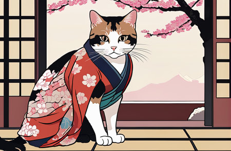 cat with kimono dress in ukiyoe style with Generative AI.の素材
