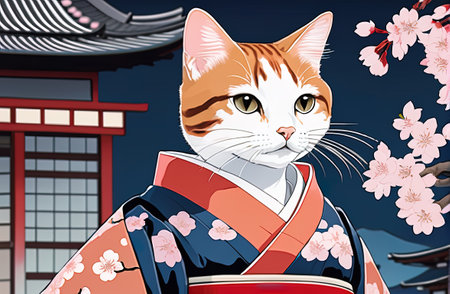 cat with kimono dress in ukiyoe style with Generative AI.の素材