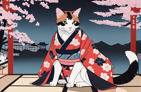 cat with kimono dress in ukiyoe style with Generative AI.の素材