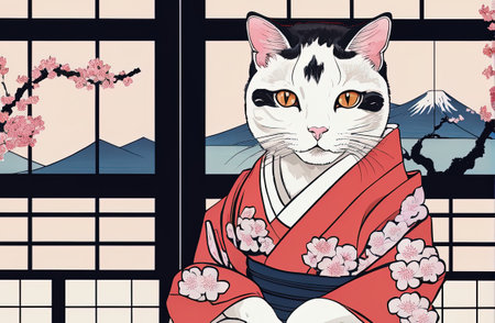 cat with kimono dress in ukiyoe style with Generative AI.の素材