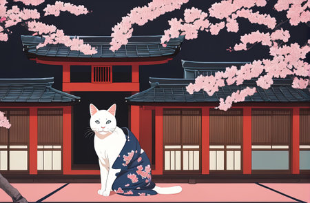 cat with kimono dress in ukiyoe style with Generative AI.の素材