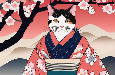 cat with kimono dress in ukiyoe style with Generative AI.の素材