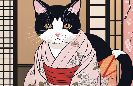 cat with kimono dress in ukiyoe style with Generative AI.の素材