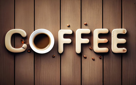 Coffee text in wooden background with Generative AI.の素材