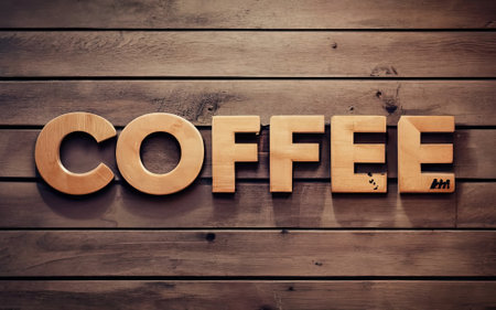 Coffee text in wooden background with Generative AI.の素材