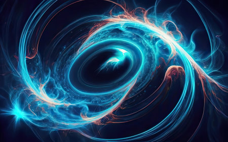 Blue glowing curves with particles of light with Generative AI.の素材