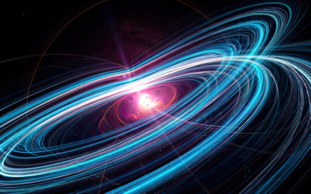 Blue glowing curves with particles of light with Generative AI.の素材