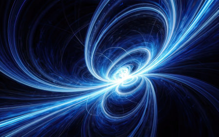 Blue glowing curves with particles of light with Generative AI.の素材