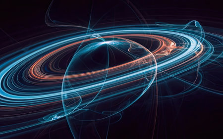 Blue glowing curves with particles of light with Generative AI.の素材