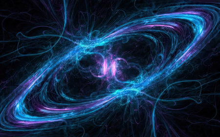 Blue glowing curves with particles of light with Generative AI.の素材