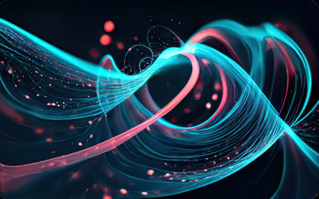 Particles of light in blue wave curves with Generative AI.の素材