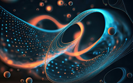 Particles of light in blue wave curves with Generative AI.の素材