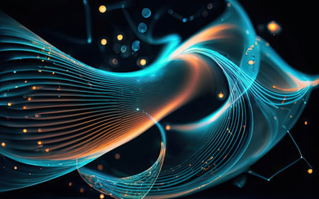 Particles of light in blue wave curves with Generative AI.の素材