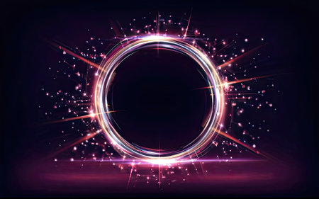 Neon round frame with rays and sparkles on dark background. Vector illustrationの素材
