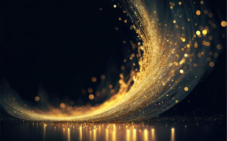 Shimmering golden particles on a dark background for holiday with Generative AI.の素材