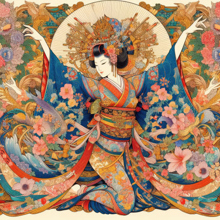 Japanese woman dancing elegant Figure Amidst a Floral Fantasy with Generative AI.の素材