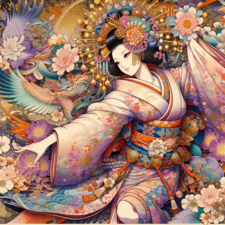 Japanese woman dancing elegant Figure Amidst a Floral Fantasy with Generative AI.の素材