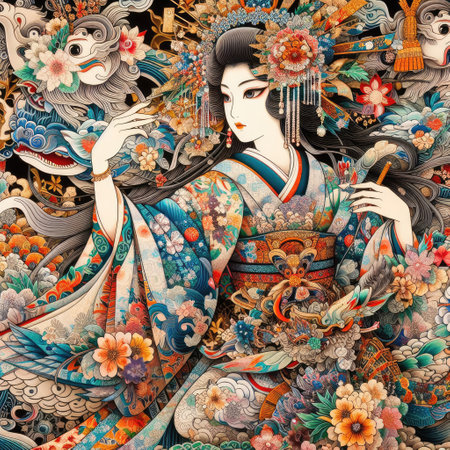 Japanese woman dancing elegant Figure Amidst a Floral Fantasy with Generative AI.の素材