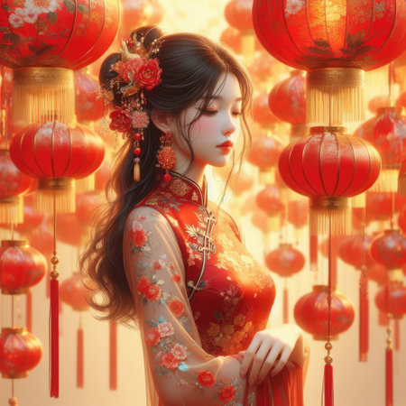 Elegance in Tradition, Chinese Cultural Attire, young girl with Cheongsam with Generative AI.の素材