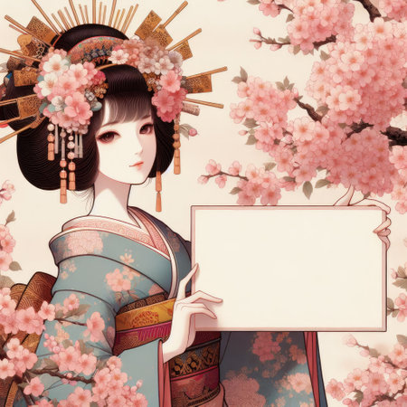 Young Asian girl with kimono dress holding blank sign with Generative AI.の素材