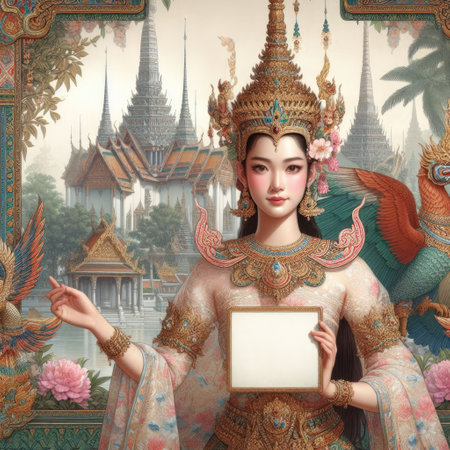 Young Asian girl with Thai traditional clothing chuttai dress holding blank sign with Generative AI.の素材