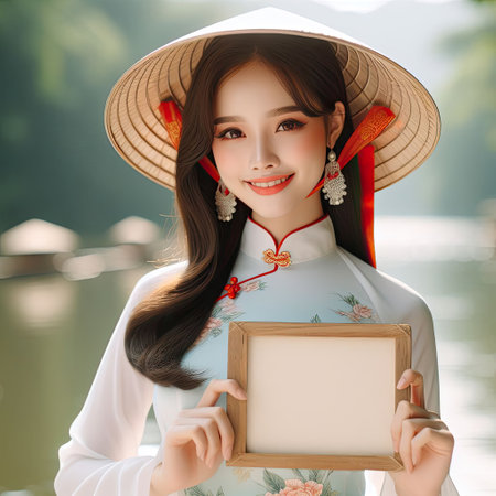 Young Asian girl with Vietnamese traditional clothing aodai dress holding blank sign with Generative AI.の素材