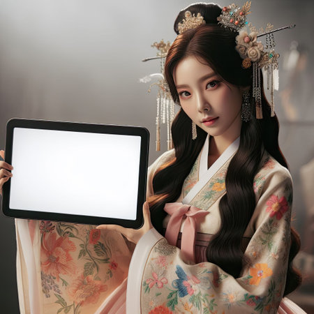 Young Asian girl with Korean traditional clothing hanboks dress holding blank sign with Generative AI.の素材
