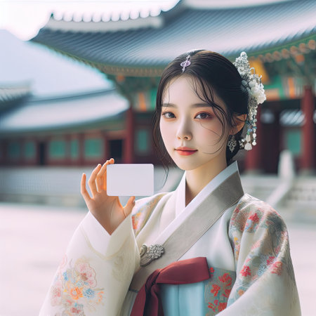 Young Asian girl with Korean traditional clothing hanboks dress holding blank sign with Generative AI.の素材