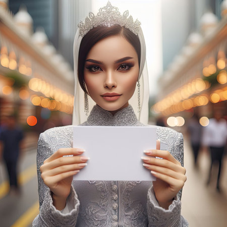 Young islamic(muslimah) girl with traditional clothing holding blank sign with Generative AI.の素材