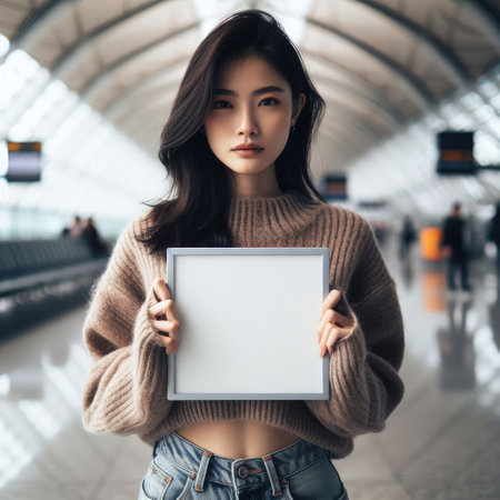 Happy attractive asian woman traveler at the modern airport terminal, copy space, Tourist journey trip concept with Generative AI.の素材