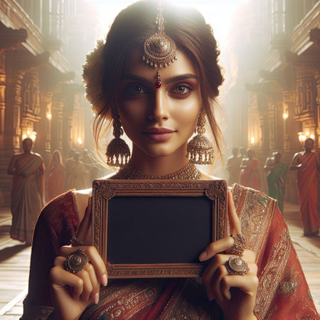 Young Indian girl with traditional clothing holding blank sign with Generative AI.の素材