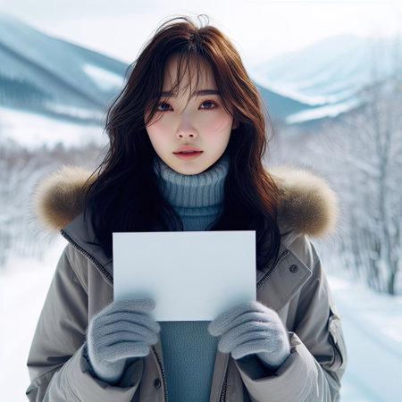 Happy attractive asian woman holding blank sign in snowy background with Generative AI.の素材