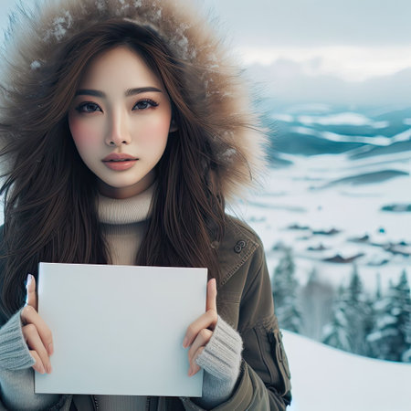 Happy attractive asian woman holding blank sign in snowy background with Generative AI.の素材