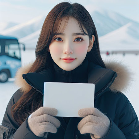 beautiful asian woman holding a blank card with snow mountain backgroundの素材