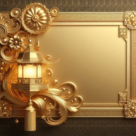 Golden Elegance: An Ornate Frame and Lantern with Generative AI.の素材