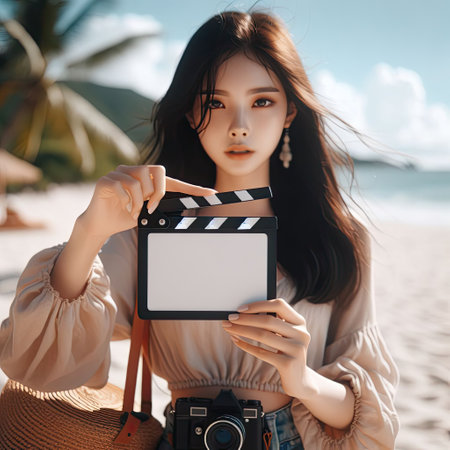 Happy attractive asian woman holding blank sign in summer beach background with Generative AI.の素材