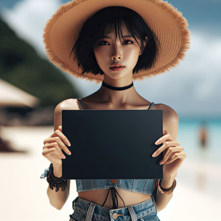 Happy attractive asian woman holding blank sign in summer beach background with Generative AI.の素材