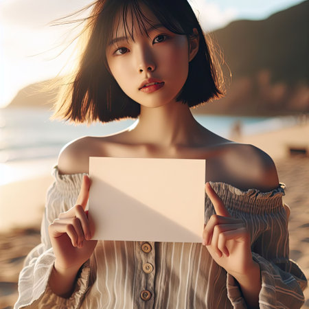 Happy attractive asian woman holding blank sign in summer beach background with Generative AI.の素材