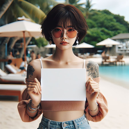 Happy attractive asian woman holding blank sign in summer beach background with Generative AI.の素材