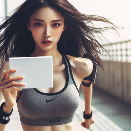 Asian beauty Runner Holding a Blank Card with Generative AI.の素材