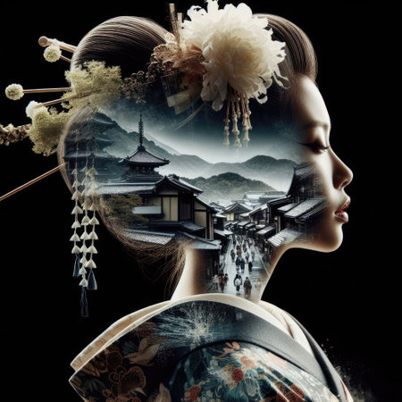Japanese kimono beauty with Kyoto landscape with Generative AI.の素材