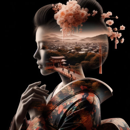 Japanese kimono beauty with Kyoto landscape with Generative AI.の素材