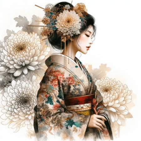 Ethereal Beauty Amidst Blooming flowers with Japanese kimono girl with Generative AI.の素材