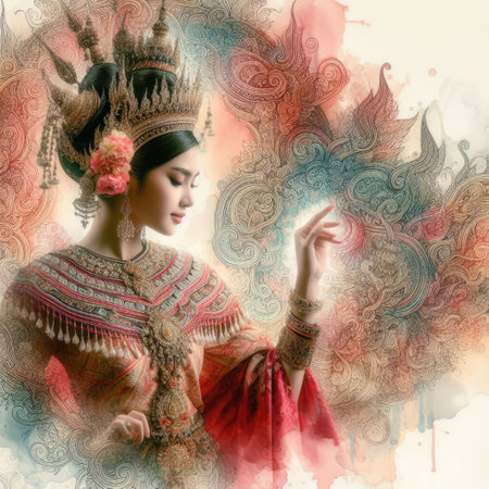 Ethereal Beauty Amidst Blooming hibiscus with Thai chut girl with Generative AI.の素材