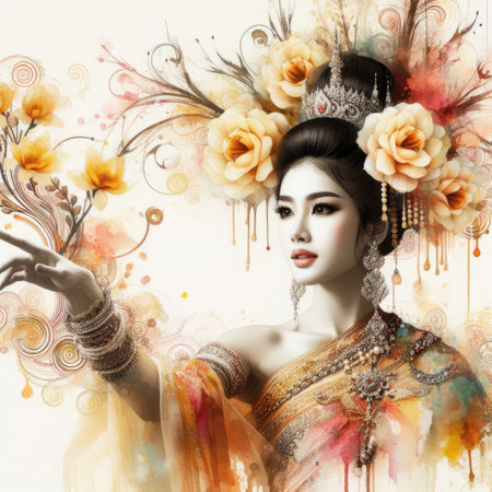 Ethereal Beauty Amidst Blooming hibiscus with Thai chut girl with Generative AI.の素材