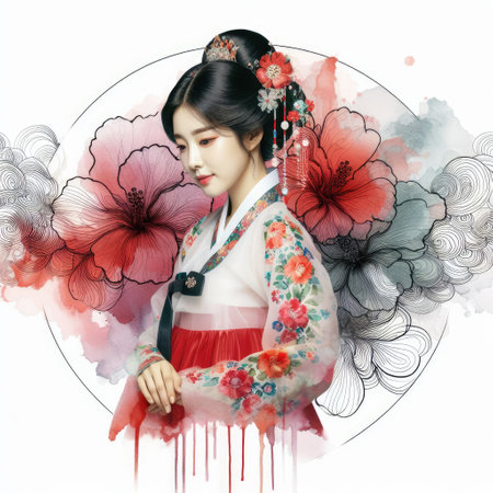 Ethereal Beauty Amidst Blooming hibiscus with Korean hanbok girl with Generative AI.の素材
